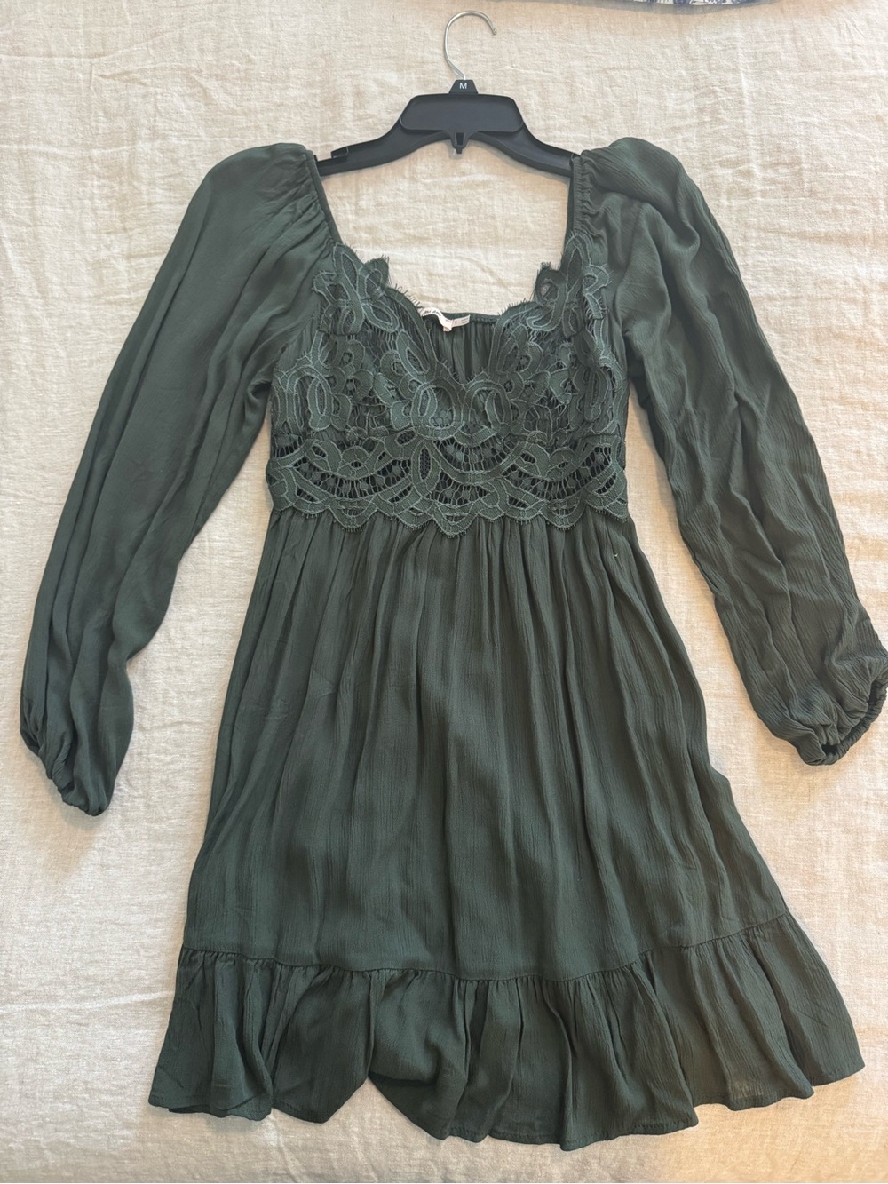 Dark Green Lace Bodice Long Sleeve Mini Dress